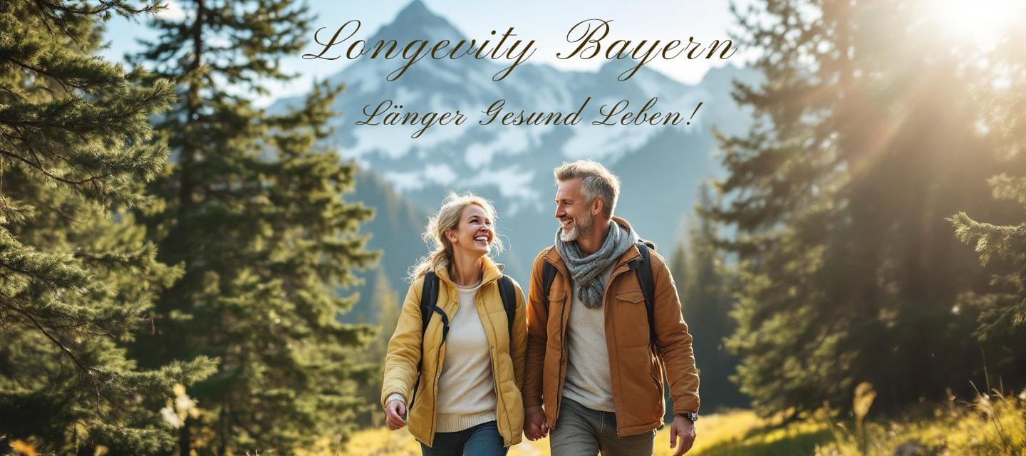 Ein glückliches Paar beim Wandern über die Alm im Hintergrund die Berge und links und rechts Bäume