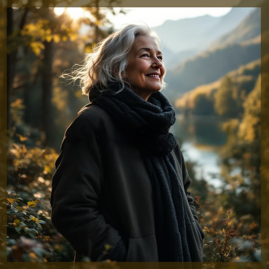 Longevity.Bayern - Eine lächelnde und zufriedene ältere Dame in herbstlicher Atmosphäre mit dickem Mantel.