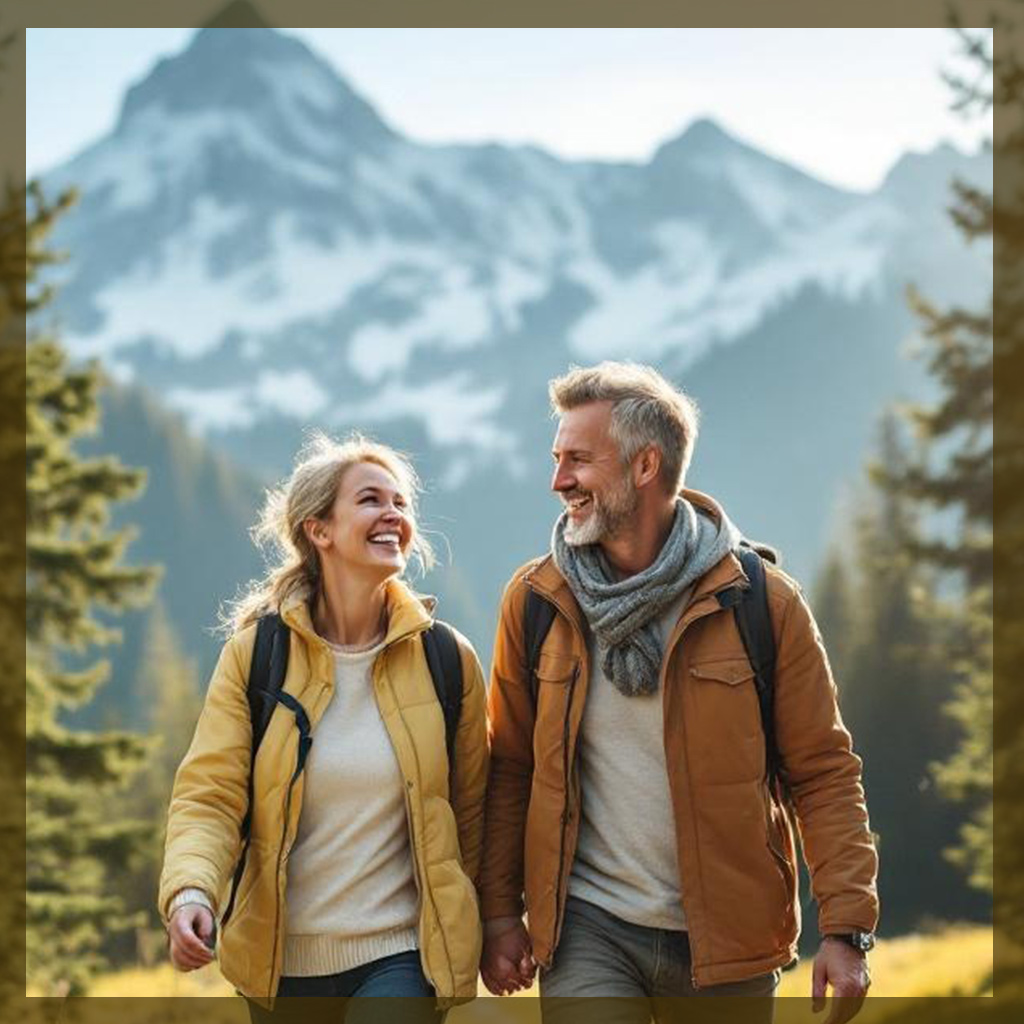 Longevity - Über uns -Eine lächelnde und zufriedene ältere Dame in herbstlicher Atmosphäre mit dickem Mantel.