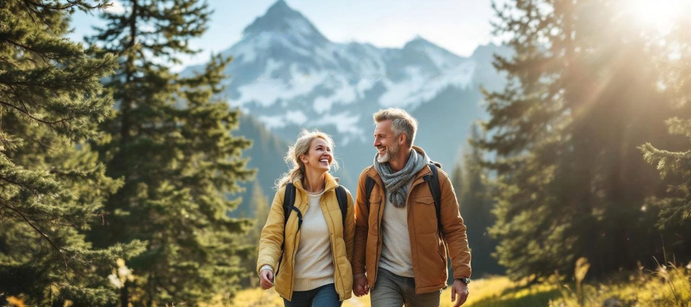 Ein glückliches Paar beim Wandern über die Alm im Hintergrund die Berge und links und rechts Bäume