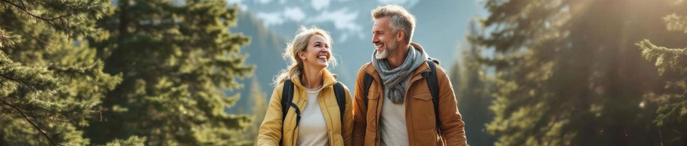 Banner Longevity ein glückliches älteres Paar beim Wandern in den Bergen