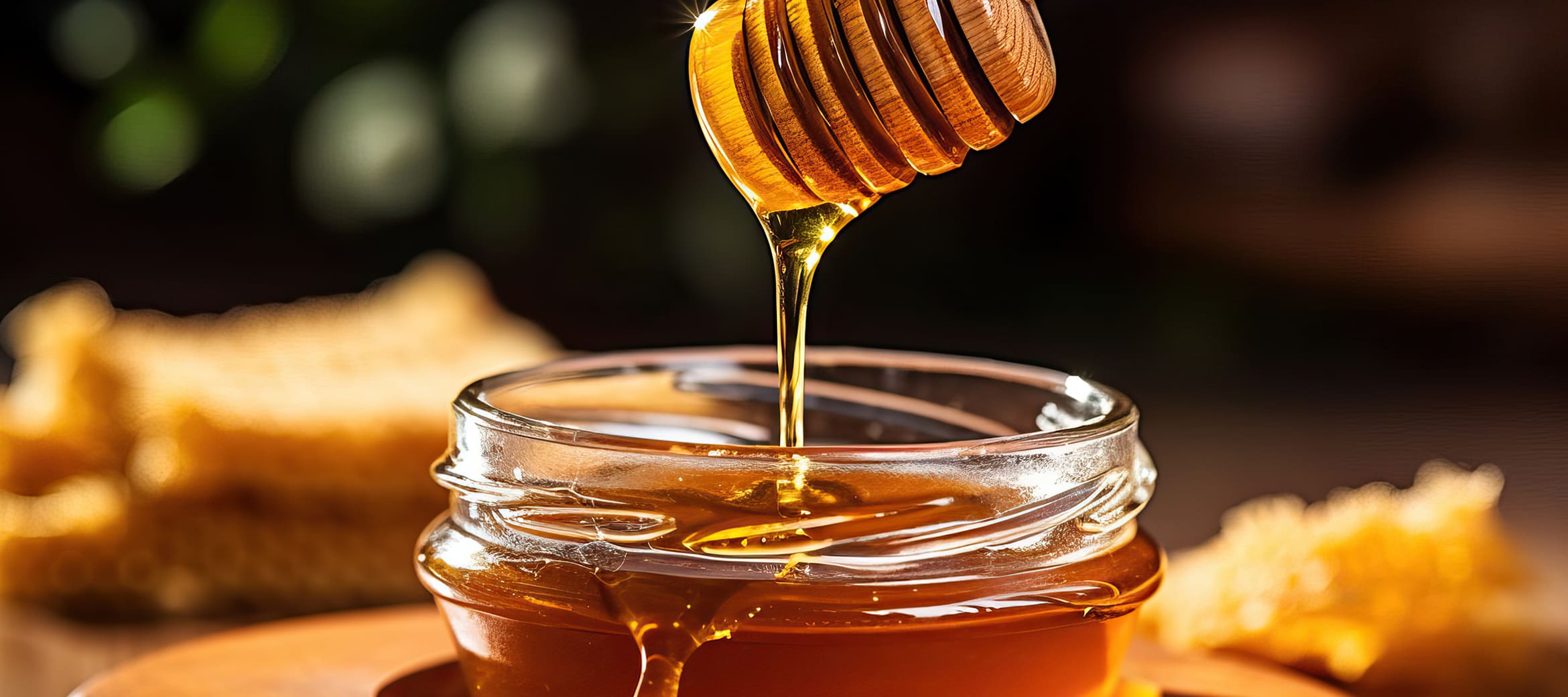 Darstellung Manuka-Honig (Ernährung) - aus dem Honigglastopf wird mit einem Holzstab Honig entnommen