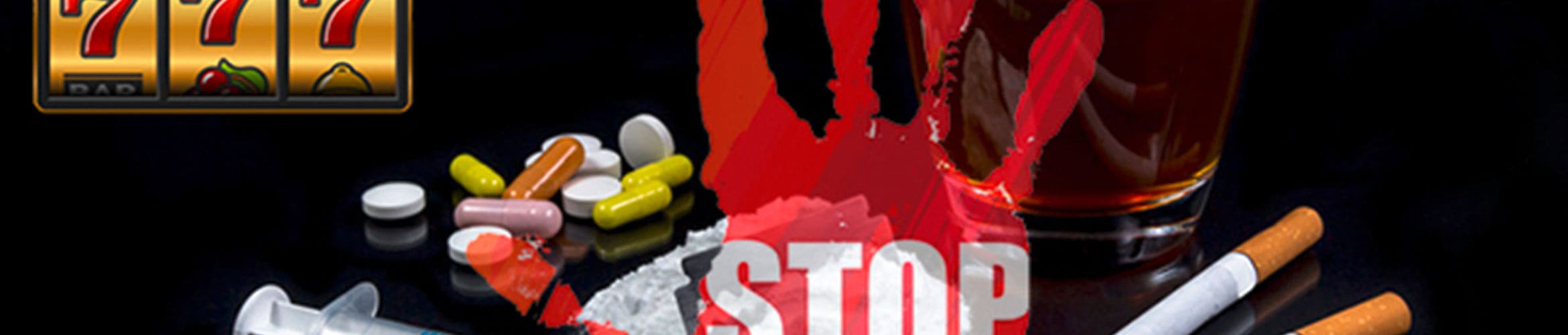 Banner Suchtmedizinische Grundversorgung - auf dem Banner sind Spielsucht, Tabletten, Drogen, Zigaretten und eine rote Hand mit STOP
