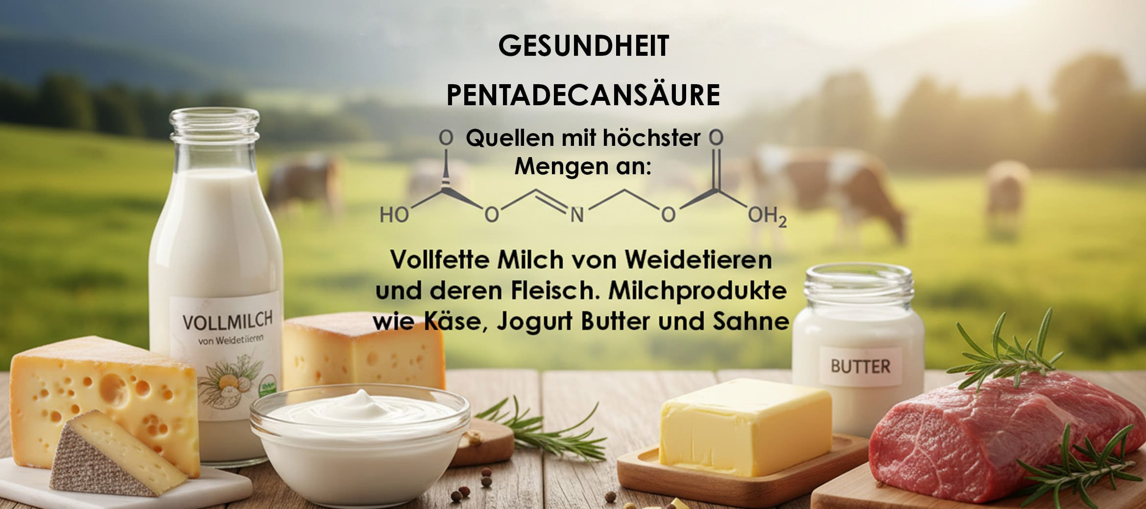 Darstellung Gesundheit Pentadecansäure mit Weidekühe im Hintergrund und davor auf dem Tisch Käse, Milch, Butter, Fleisch