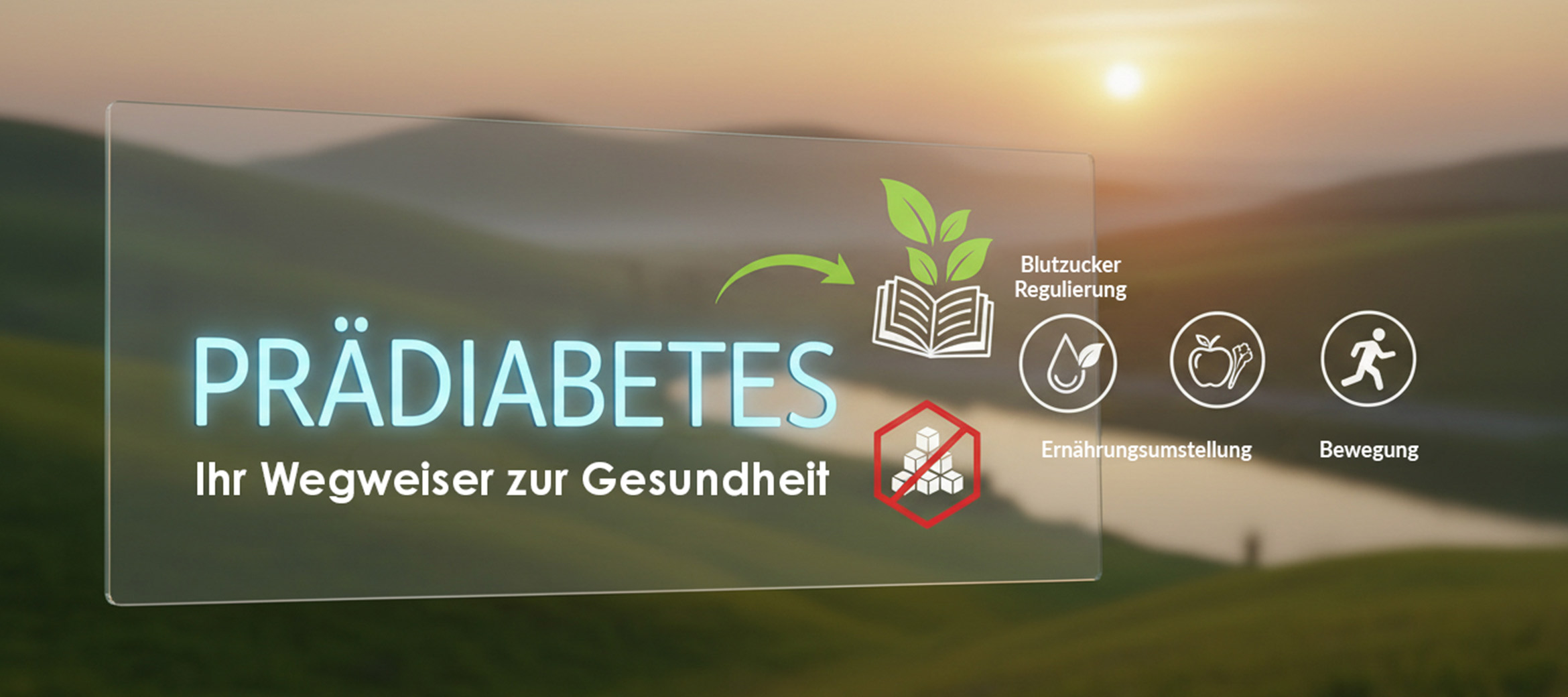 Darstellung Gesundheit Prädiabetes mit Schriftzug "Ihr Wegweiser zur Gesundheit", "Butzucker-Regulierung", "Ernährungsumstellung" und "Bewegung"